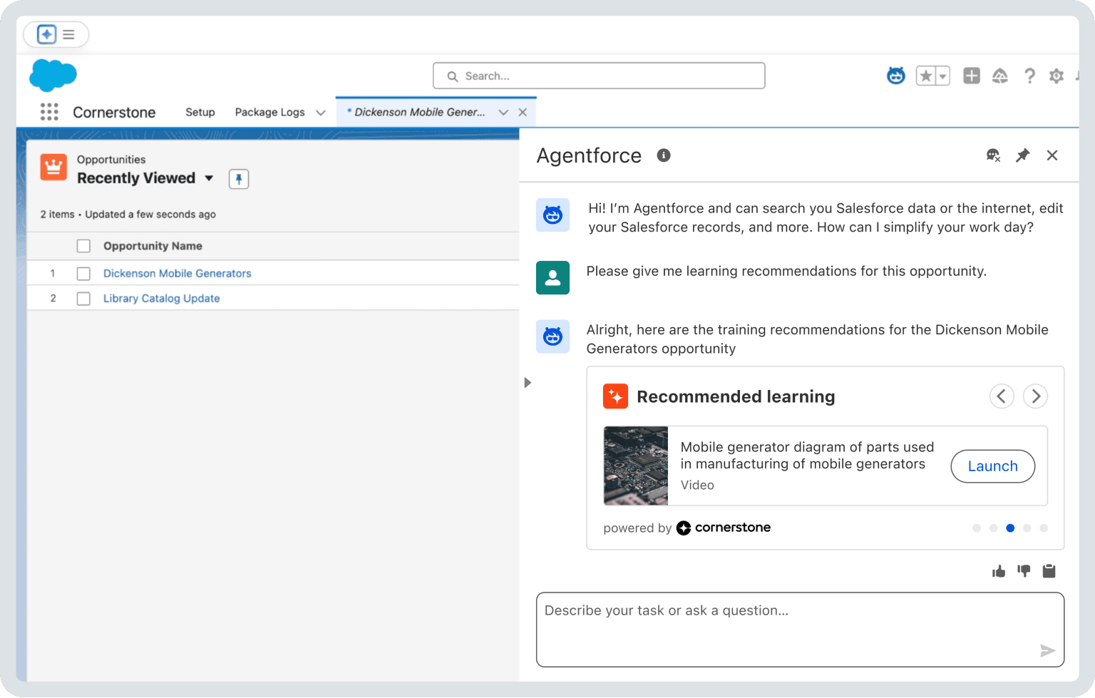 Etreoberiant Salesforce gant ar chatbot Agentforce AI o kinnig alioù deskiñ evit an degouezh "Dickenson Mobile Generators", en o zouez ur video diwar-benn skeudennoù ar jeneratourien.