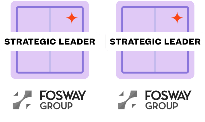Dos gráficos idénticos, cada uno con un carnet púrpura con un destello, el texto "Strategic Leader" y el logotipo de Fosway Group.