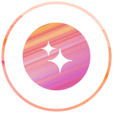 Icône avec deux étincelles blanches sur un cercle rayé rose, orange et violet, à l’intérieur d’un anneau orange.